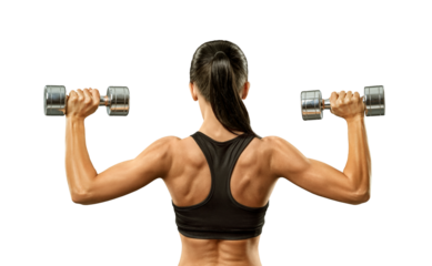 Fitness woman in training muscles of the back with dumbbells