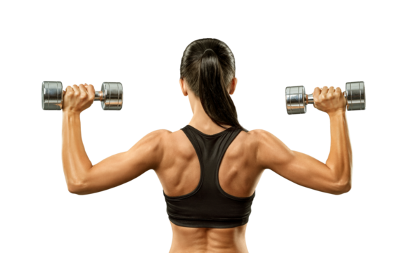 Fitness woman in training muscles of the back with dumbbells - Powered by Adobe