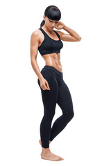 Fitness sporty woman showing her well trained body, abs. Fitness woman transparent PNG photo