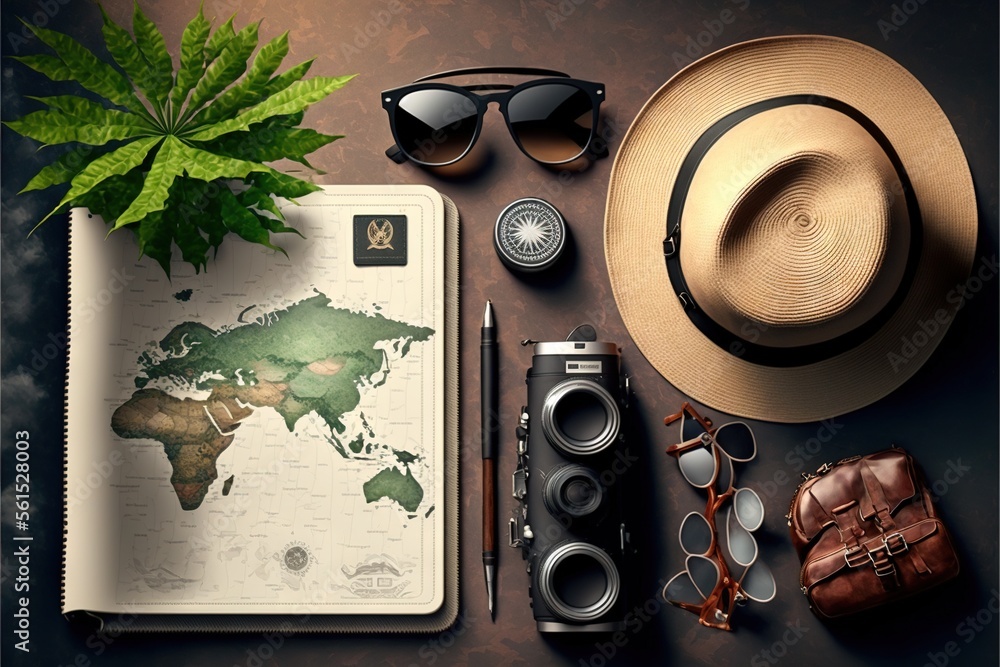 Poster a map, sunglasses, a hat, a camera, a camera and a pair of sunglasses are on a table with a notebook