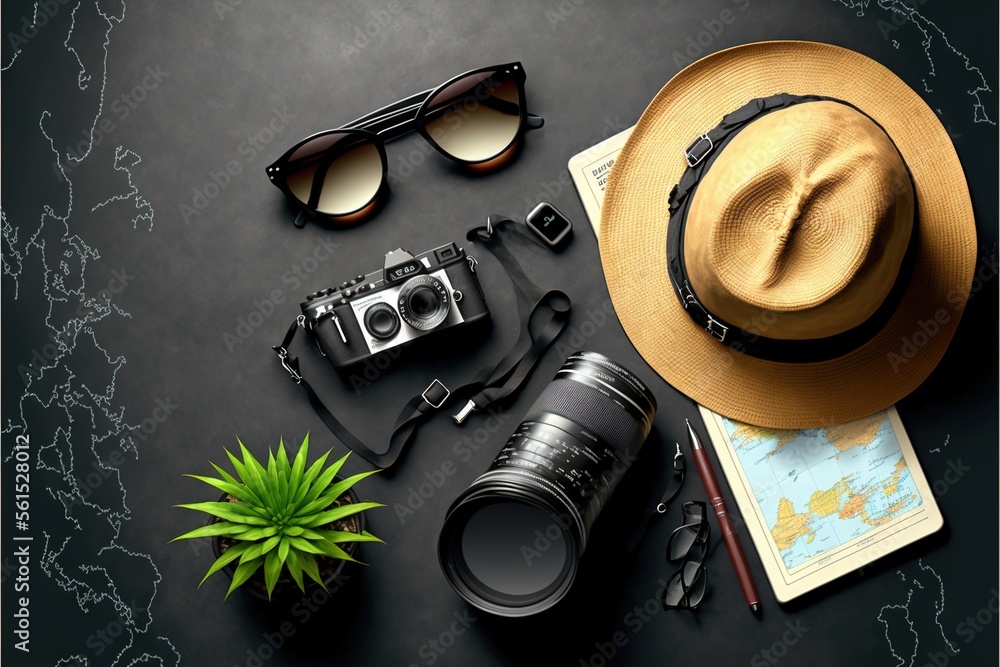 Poster a hat, sunglasses, camera, and a map on a table with a plant and a camera lens on it and a camera an