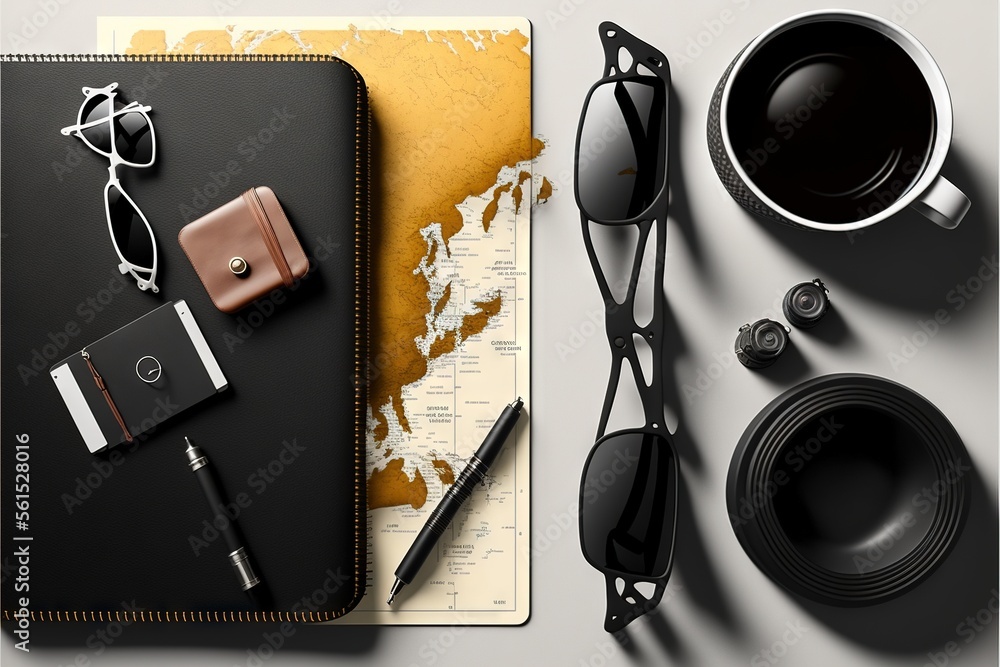 Aufkleber a notebook, sunglasses, pen, and other items are on a table next to a map and a cup of coffee and a 