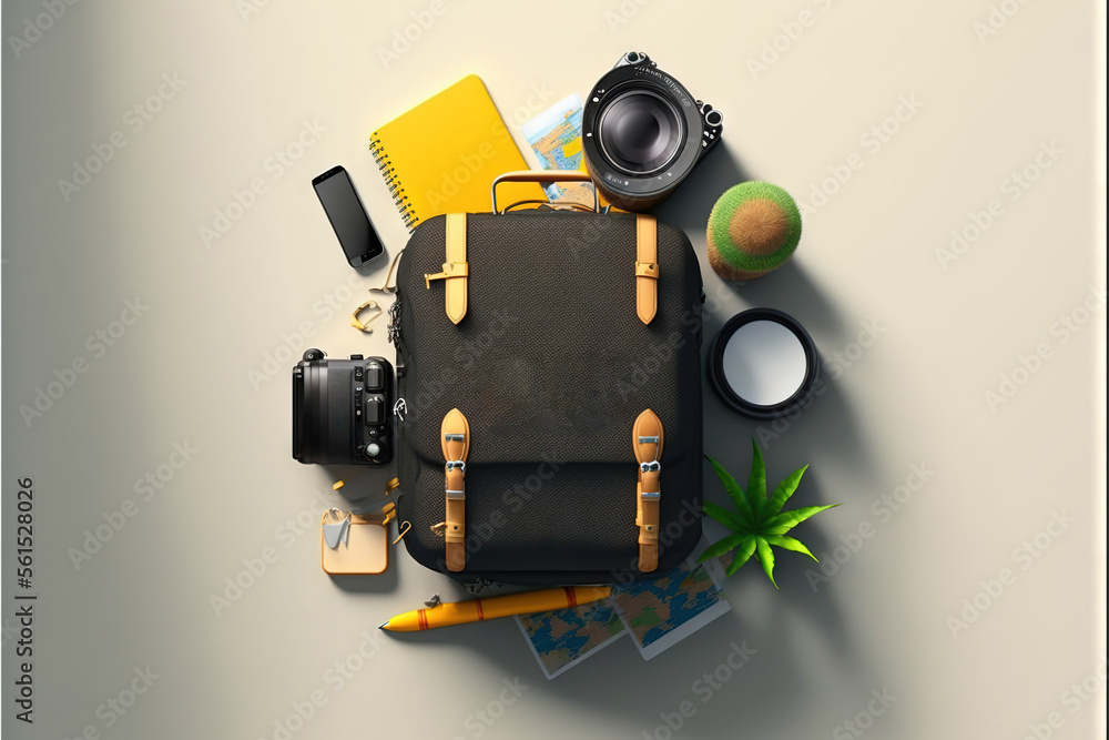 Poster a suitcase with the words trimmal oatep on it surrounded by other items and a camera on a table top 