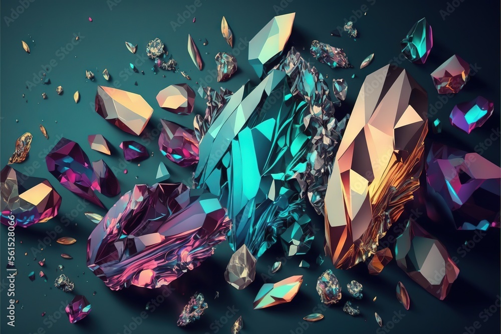 Poster a group of colorful diamonds on a black background with a blue background and a blue background with