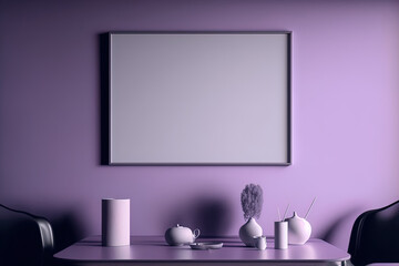 For an image, a sizable black horizontal canvas frame. a table and a vivid wall that is Very Peri or Lavender in hue. Mockup art for accents and décor or nothing. Generative AI