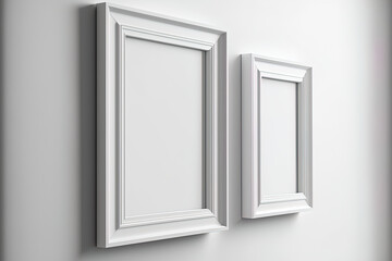 Mockup of a photo frame with a clipping path. Two empty picture frames were mounted on the wall in a white room. Generative AI