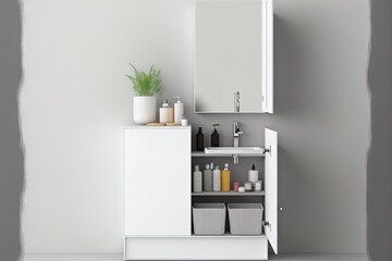 Mockup of a bathroom cabinet on a white background. Generative AI