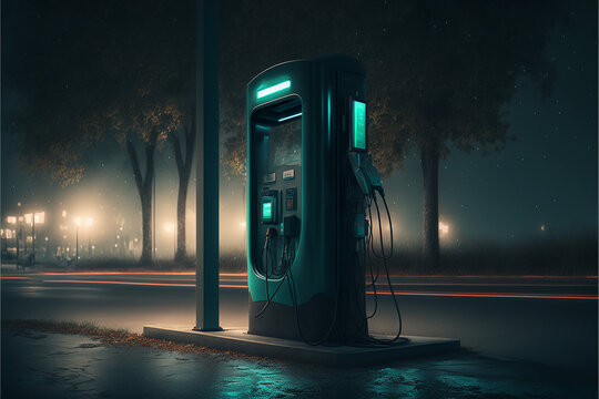 Electric car charging stations at night. Ai generative