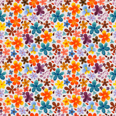 Cute seamless watercolor pattern with colorful flowers and leaves on a light background. Garden elements, fabrics, textiles, botanical background, endless ornaments. Aquarelle illustration. 