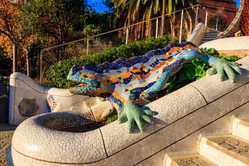 Multicolored mosaic dragon salamander of Gaudi in Park Guell, Barcelona, Spain