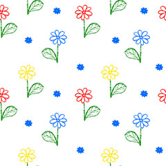 Children's drawing. Flowers and leaves seamless background. Drawing with flowers with wax crayons