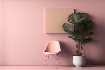 Simple bright creamy pink modern room interior background with plant and chair and blank copy space poster leaning to pink wall background. . 3d illustration. Generative AI