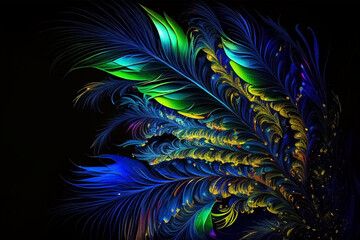 Background with feathers. Blue and green color tones, gold accent. Generative AI-assisted digital painting with texture and details.