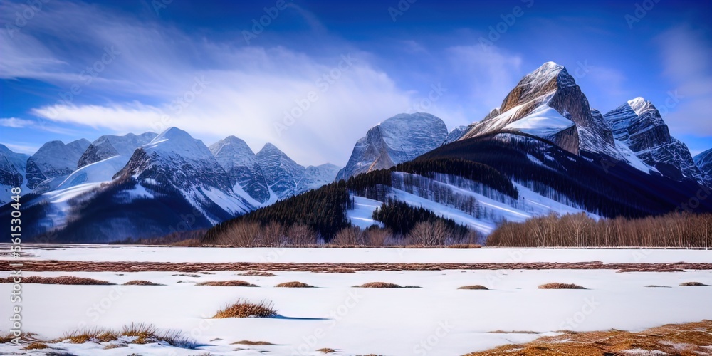 Wall mural a snow covered plain with snowy mountains in the background.