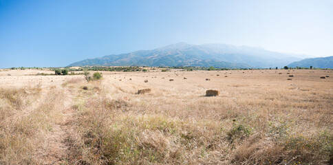 At first glance, an unkempt wide field with straw bales. Bulgarian mountains in the background in a sunny day.