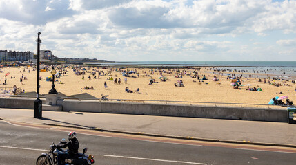 Margate, Kent, united kingdom, august 24 2022  Visitors flock to Margate's beach during the unusual heatwave in Britain.Margates Main sands have been awarded a blue flag for high standards