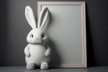 Rufus Rabbit stands next to a mock up of a white picture frame with a gray plush background and left copy space. Generative AI
