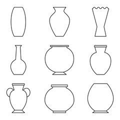 Vase set. Various forms of vases. Home interior decoration.