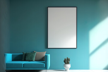 Modern living room with blue wall and blank poster. Concept for design and style. Generative AI
