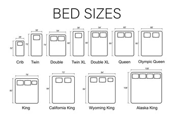 Sizes of beds and mattresses. Line icons of mattresses with dimensions. Vector