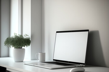 close up image, Laptop white screen mockup on white computer desk in minimal contemporary apartment living room. , 3d illustration. Generative AI