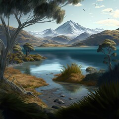 Fototapeta na wymiar landscape with lake and mountains, Generative AI