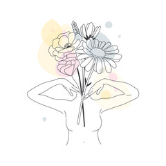 Minimal Line Drawing. Foce Woman Art Flower Images. Girl with flowers color template design. Line Vector illustration.