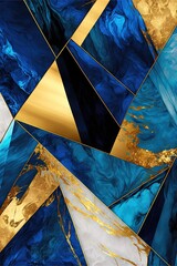 Fond de formes géométriques abstraites marbrées d'or et de bleu, peinture aquarelle