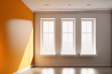 Fototapeta na wymiar Mockup Interior with Orange Plastered Walls, a Large Window on the Left and Three Windows on the Center. White Plinth and a Light Parquet Flooring. 3D illustatration, 8K Ultra HD, 7680x4320, 300 dpi