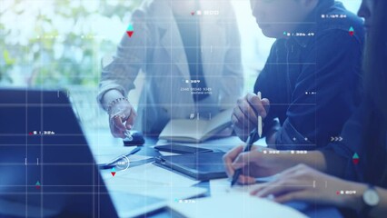 3D animation business finance data analytics, group of people brainstorm discussing meeting, company information data, earning graph chart company valuation calculation. - Powered by Adobe