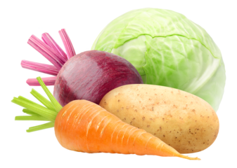 Raw carrot, potato, beetroot and cabbage cut out