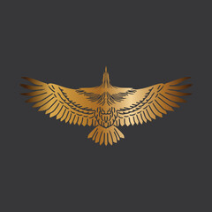 Fototapeta premium Hand Draw Flyin Eagle Golden Background Isolated Black Background