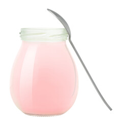 Open glass jar of pink strawberry yogurt with spoon cut out