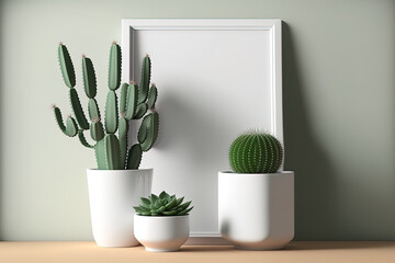 Minimal Mockup of a white frame with potted ceramic cactus plants on a desk or shelf. White wall and shelf. Generative AI