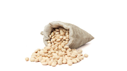 Burlap sack with white beans spilling out over a white background

