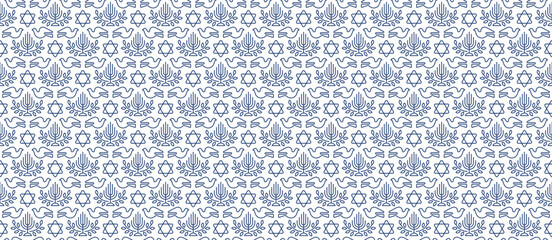 Linear seamless pattern with symbols of Judaism, star of David, menorah , olive branch and dove symbol of peace vector illustration