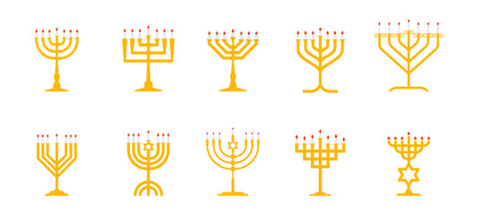 Bundle golden Jewish Big menorah with seven candles vector illustration