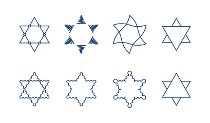 Six-pointed stars set of doodles and unusual shape vector illustration with editable stroke