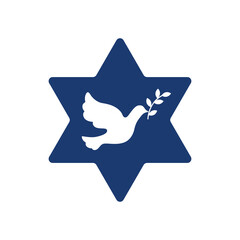 Jewish star of David with a silhouette dove holding a sprig of olive in its beak in the center of the star of David vector illustration