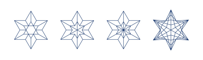 Set of six-pointed Jewish stars in the form of minerals, crystals and grid mesh vector illustration with editable stroke