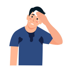 Man wiping sweat with napkin. Guy sweating a lot.  Boy with sweaty clothes. Vector illustration