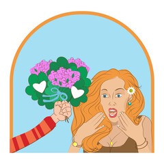 The girl is given a large bouquet of flowers. Greeting card, poster, sticker. Vector illustration