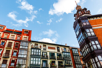 Facade of old apartment buildings in the center of Bilbao, Basque Country, Spain, Europe