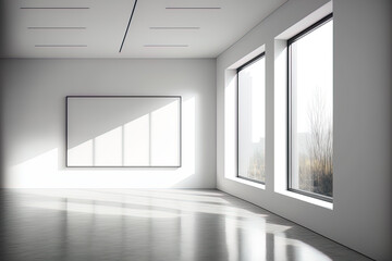 Modern gallery interior with empty mock up place on light wall installation, windows with city view and daylight. Museum and exhibition concept. Generative AI