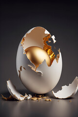 Cracked egg shell with a golden egg inside, Easter background, banner, poster, flyer and brochure, Generative AI