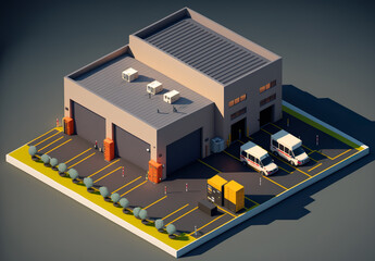 Isometric of warehouse exterior with logistic delivery services, AI Generate