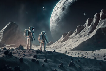 Astronaut standing on surface of the moon with earth background, AI Generate