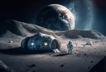 Astronauts with space station on the moon, AI Generate