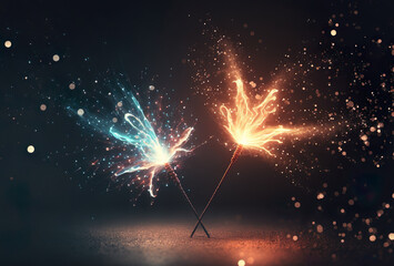 Burning two sparklers on dark background, AI Generate