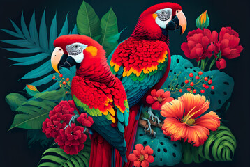 Beautiful floral with two parrot, AI Generate